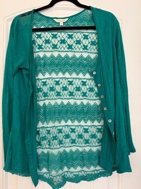 Charming Charlie Teal Lace-Back Button Cardigan